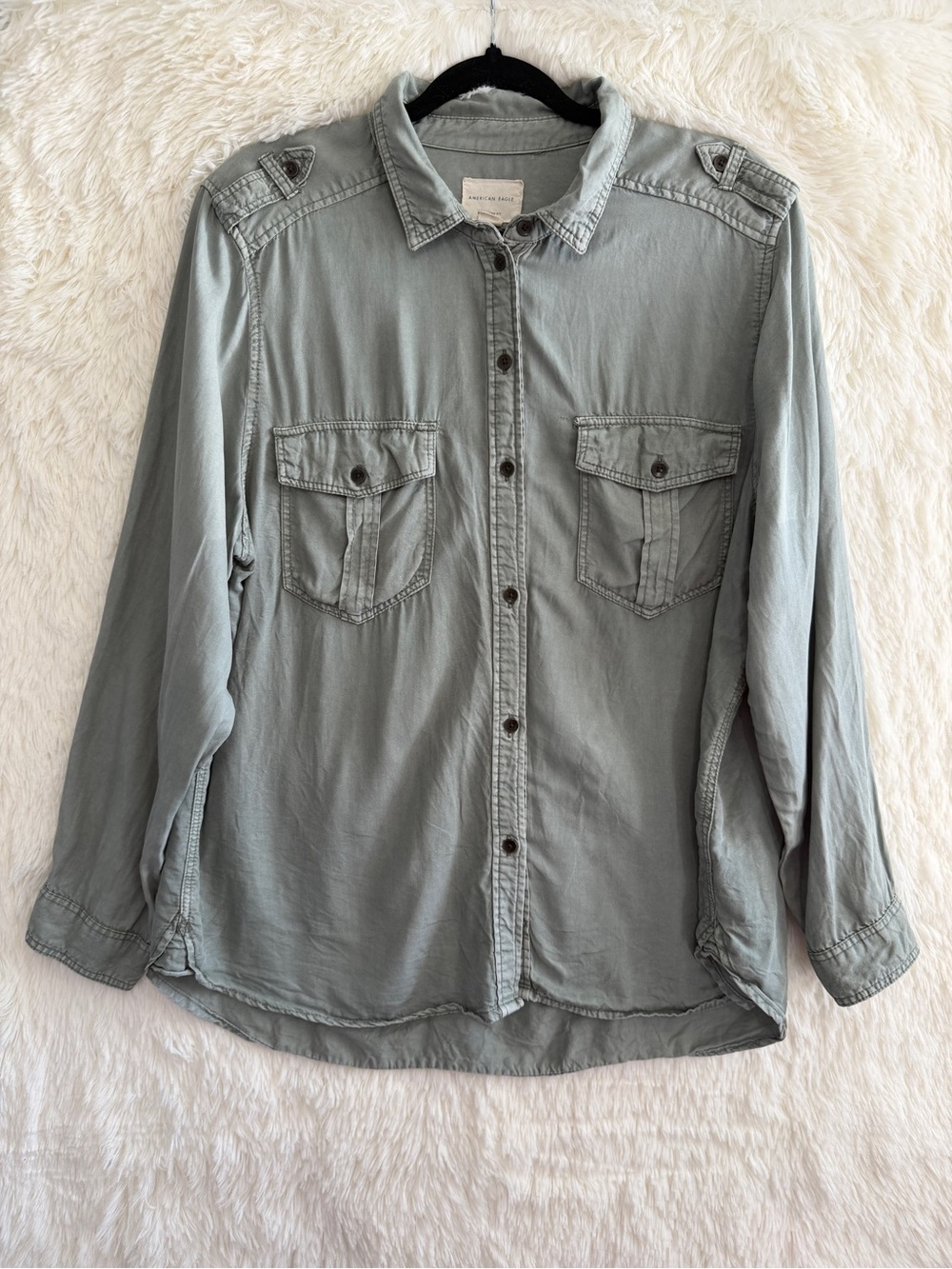 American Eagle Womens Boyfriend Fit Utility Button Down Shirt XL Green Granola